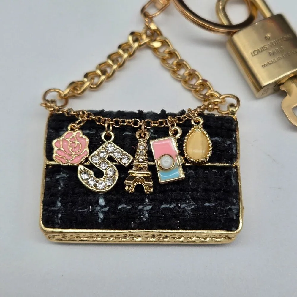 Authentic Louis Vuitton Padlock & Key Gold ✨Unbranded Tweed Bag Charm Keychain